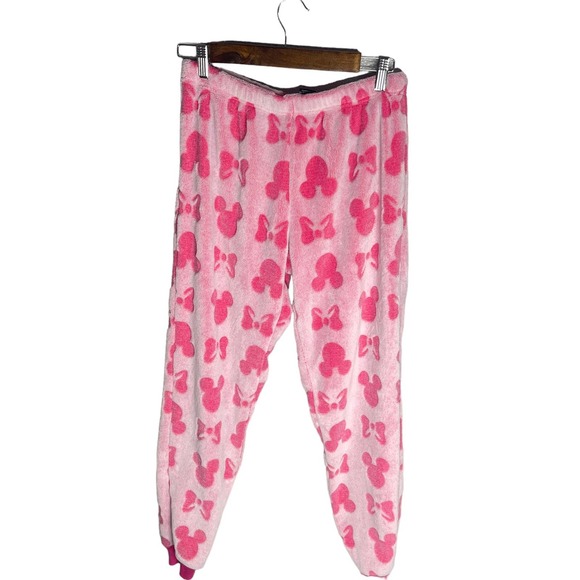 Disney Pajama Pants Womens Small Pink Fleece Jogger Pull On Mickey Ears - Picture 2 of 12